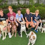 5 enfants et leurs chiens assis sur un banc sourient, joyeux, à l'objectif